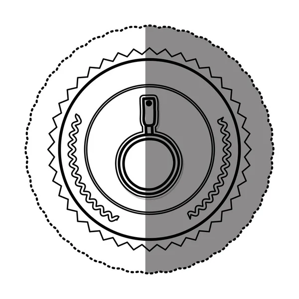 Монохромна наклейка круглої рамки зі сковородою з обробкою — стоковий вектор