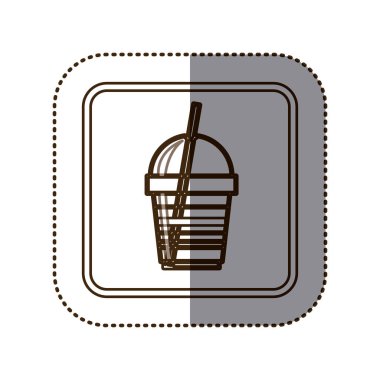 tek renkli etiket kontur kapuçino saman ile tek kullanımlık bardak ile kare çerçeve içinde