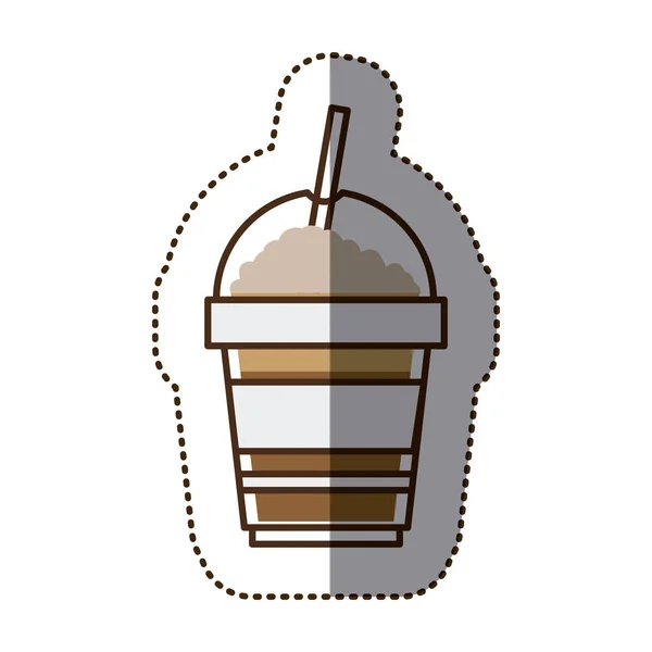 Etiqueta de cor silhueta com vidro descartável de cappuccino com palha —  Vetores de Stock