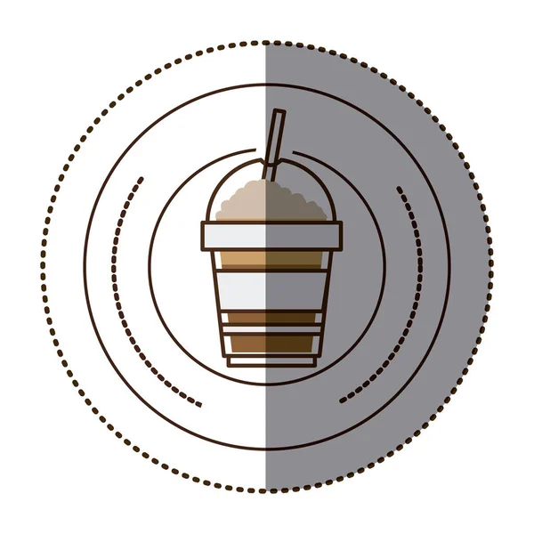 Farbaufkleber in rundem Rahmen mit Einwegglas Cappuccino mit Stroh — Stockvektor