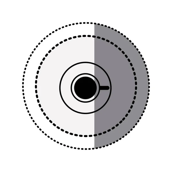 Contorno de etiqueta engomada monocromática en línea de puntos circular con vista superior taza de café — Vector de stock