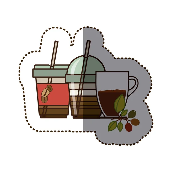 Autocollant silhouette couleur avec boissons au café — Image vectorielle