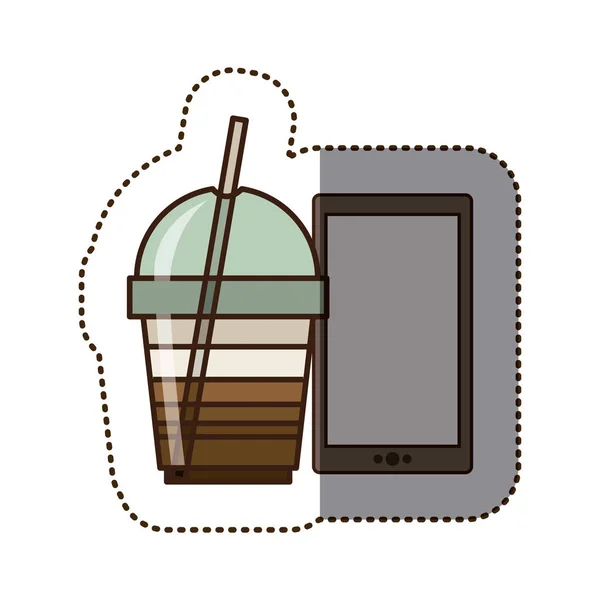 Color de la etiqueta de silueta con vidrio de cappuccino y teléfono inteligente — Vector de stock