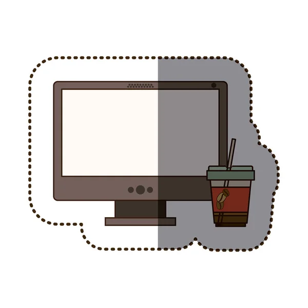 Silhouette sticker color with glass of cappuccino and desktop computer — Stock Vector