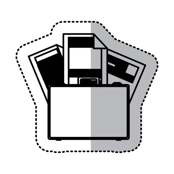 Adesivo monocromatico valigetta sagoma e documenti ufficio — Vettoriale Stock