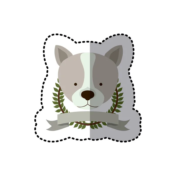 Autocollant couronne feuilles et étiquette avec chien husky animal — Image vectorielle