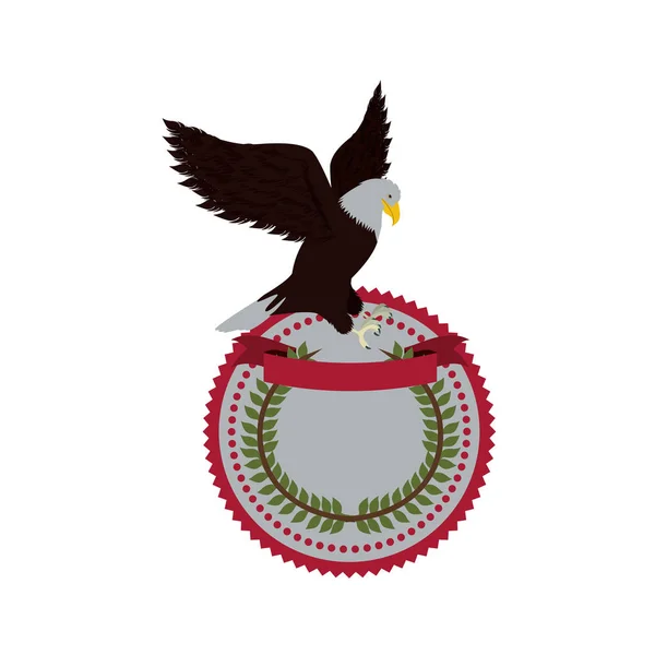Sello con corona de olivo con cinta y águila volando — Vector de stock