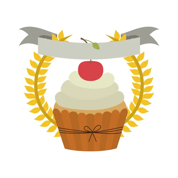 Coroa de folhas com cupcake com creme e cereja —  Vetores de Stock