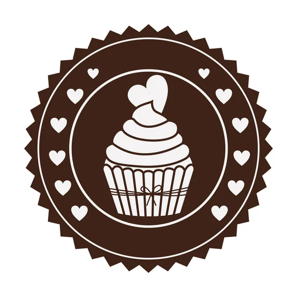Carimbo marrom com cupcake com coração em armação redonda — Vetor de Stock