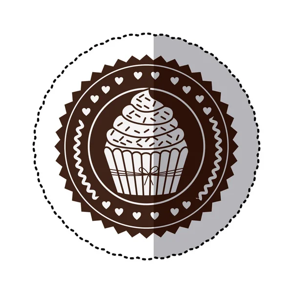 Monochrome sticker with cupcake in round frame — Stock Vector