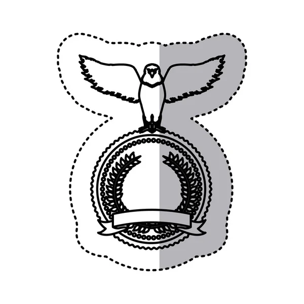 Pegatina contorno monocromo con águila con alas abiertas sobre marco redondo con cinta y corona de olivo — Vector de stock