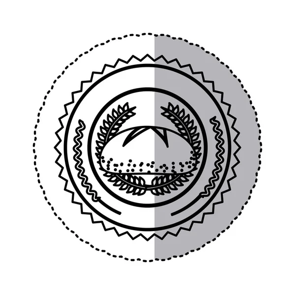 Etiqueta engomada silueta contorno negro con corona de oliva y pan en marco redondo — Vector de stock