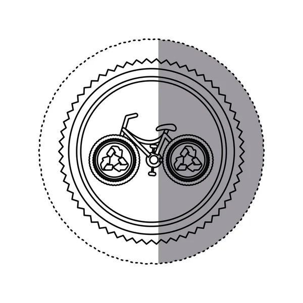 Наклейка монохромна кругла рамка з велосипедом з символом переробки — стоковий вектор