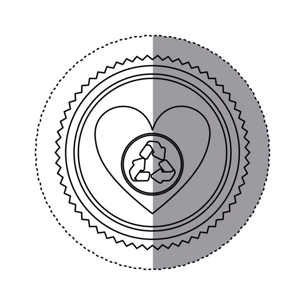 Aufkleber monochrom mit rundem Rahmen und Herz mit Recycling-Symbol — Stockvektor