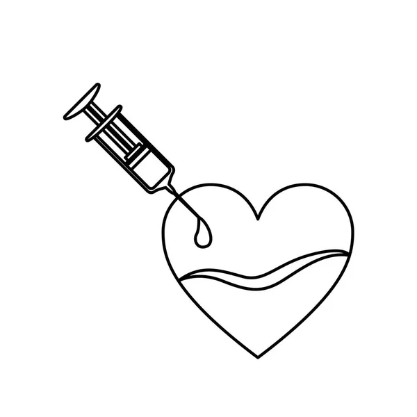 Контурний силует Голковий шприц дарує кров у формі серця — стоковий вектор