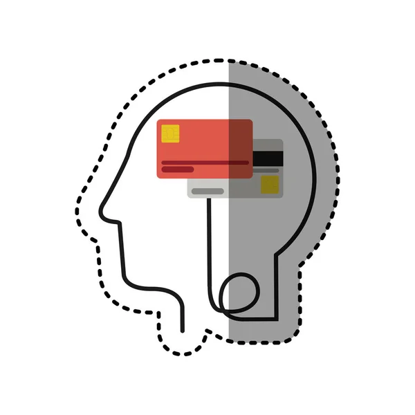 Sticker silhouette profil tête humaine avec cartes de débit et de crédit — Image vectorielle