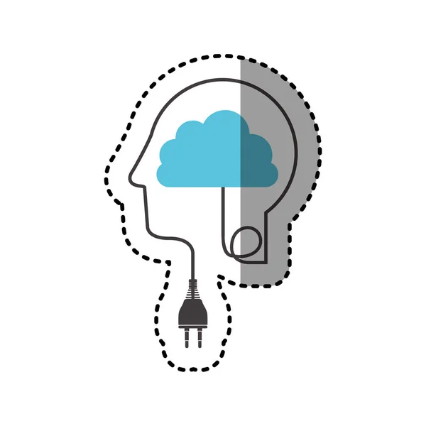 Autocollant silhouette profil tête humaine avec connecteur fiche et nuage — Image vectorielle