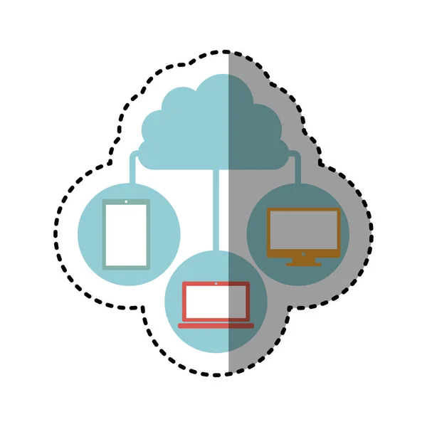 Nube de pegatina en forma de cúmulo conectada a un dispositivo tecnológico — Vector de stock