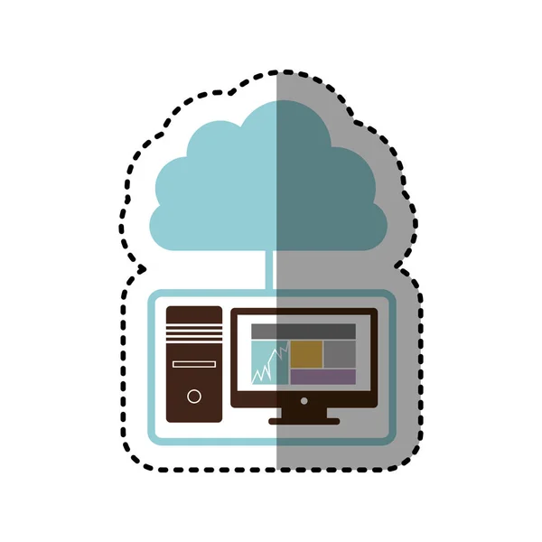 Adesivo computer tecnologico con magazzino icona del server di archiviazione cloud — Vettoriale Stock