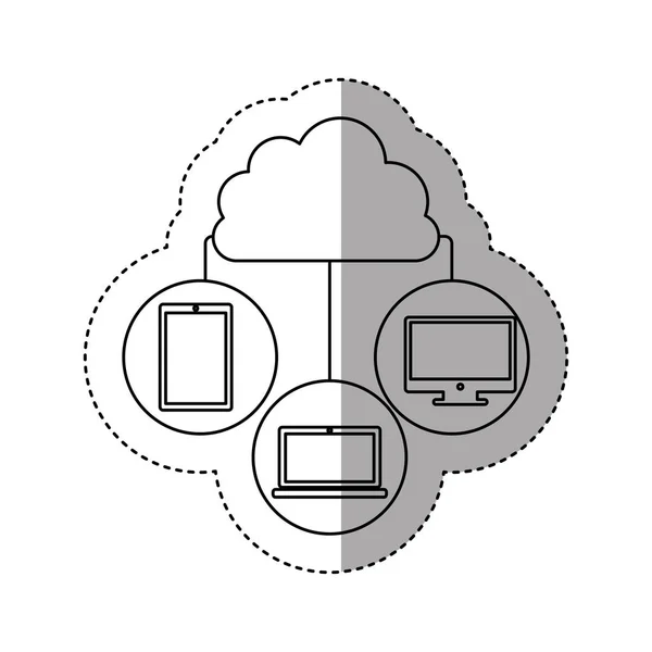 Nube de contorno de pegatina en forma de cúmulo conectada a un dispositivo técnico — Vector de stock