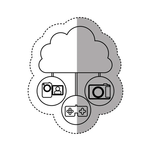 Nuvem de contorno adesivo em forma de cúmulo conectado ao dispositivo técnico —  Vetores de Stock
