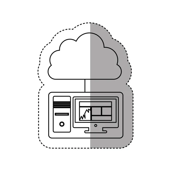 Sticker contour tech computer met cloud opslag server pictogram voorraad — Stockvector