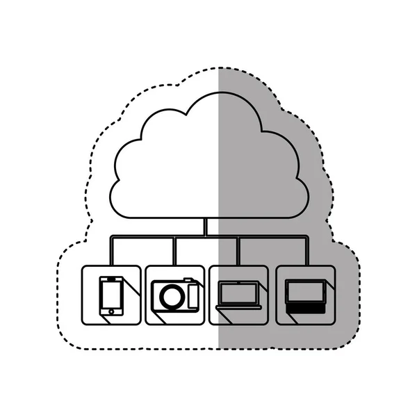 Armazenamento em nuvem de contorno adesivo em forma de cúmulo conectado ao dispositivo técnico —  Vetores de Stock