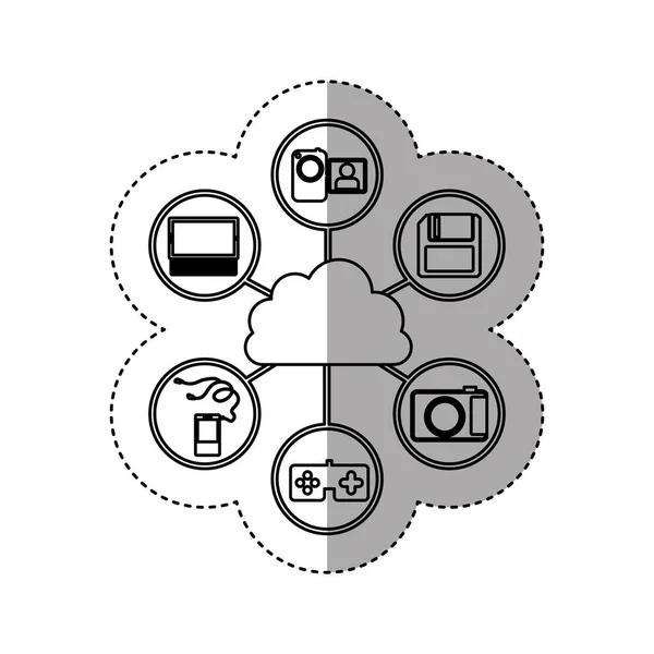 Stockage en nuage contour autocollant avec des applications icônes — Image vectorielle