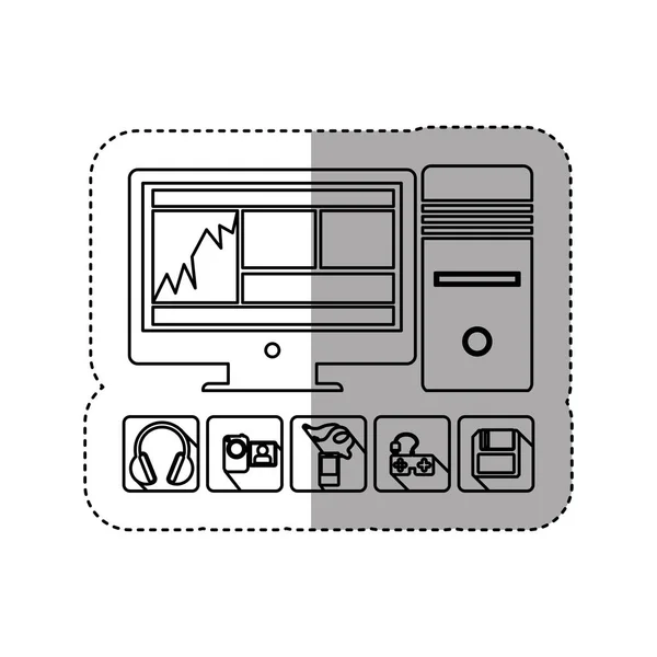 Pegatina silueta ordenador de escritorio con aplicaciones icono — Vector de stock