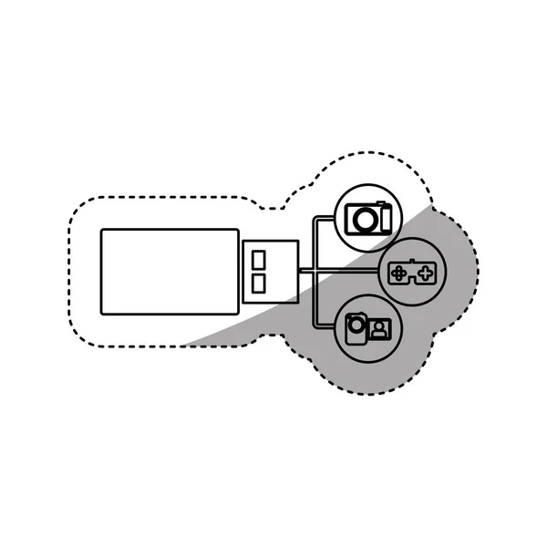 Adesivo dispositivo usb silhueta com aplicativos de ícone —  Vetores de Stock