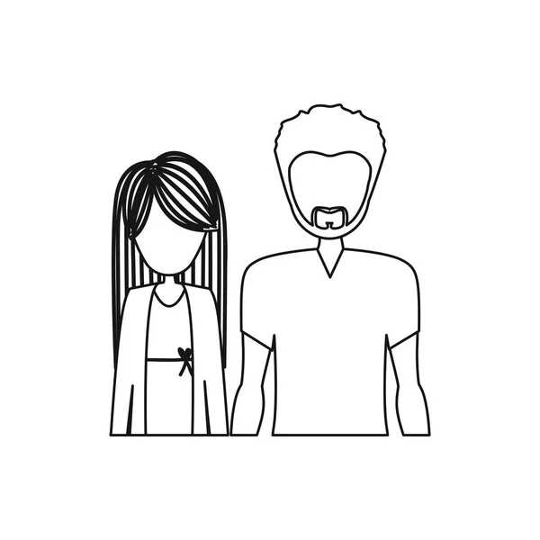 Demi-corps monochrome contour avec l'homme avec la barbe et la femme aux cheveux longs — Image vectorielle