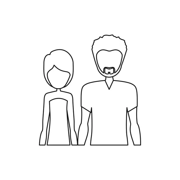 Demi-corps monochrome contour avec homme à barbe et femme aux cheveux courts — Image vectorielle