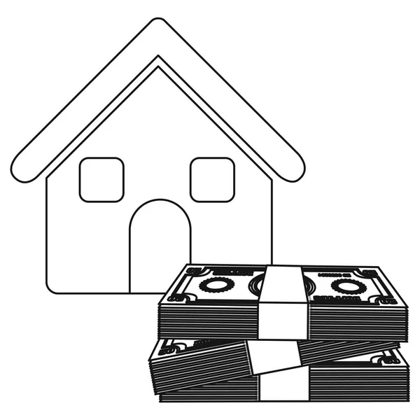 Casa de contorno monocromo con muchos dólares pila de billetes — Vector de stock