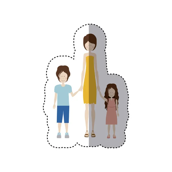 Color sticker silhouette with mom and kids — Stock Vector