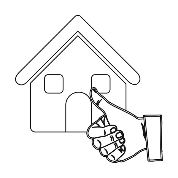 Monochromatický obrys domu s rukou palec nahoru — Stockový vektor