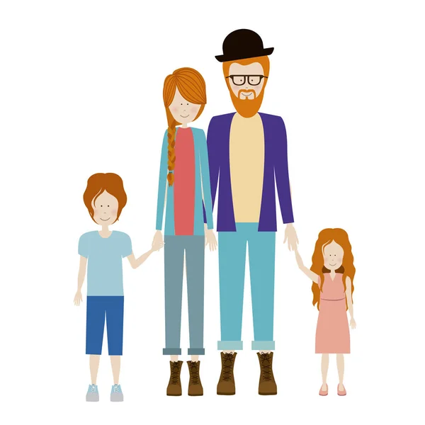 Färg siluett familj med rödhårig och pappa med skägg och glasögon och hatt — Stock vektor