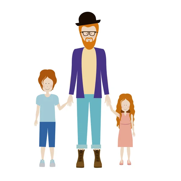 Silhueta de cores com crianças e pai com barba e óculos e chapéu e ruiva —  Vetores de Stock
