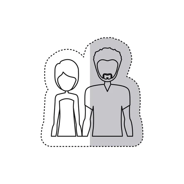 Autocollant contour monochrome demi-corps avec homme avec barbe et femme aux cheveux courts — Image vectorielle