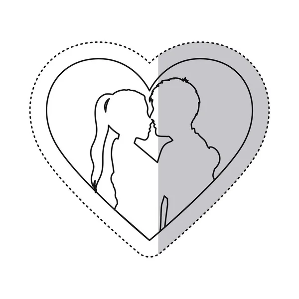 Monochrome contour with heart frame and half body couple hugged — Stock Vector