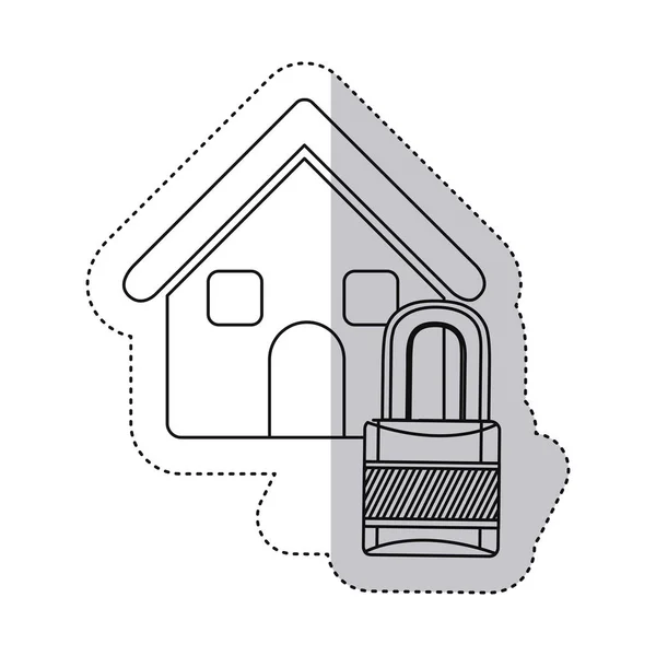 Autocollant maison contour monochrome avec cadenas — Image vectorielle
