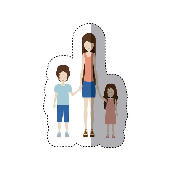 Sticker color silhouette with kids and mom with skirt and shirt — Stock Vector