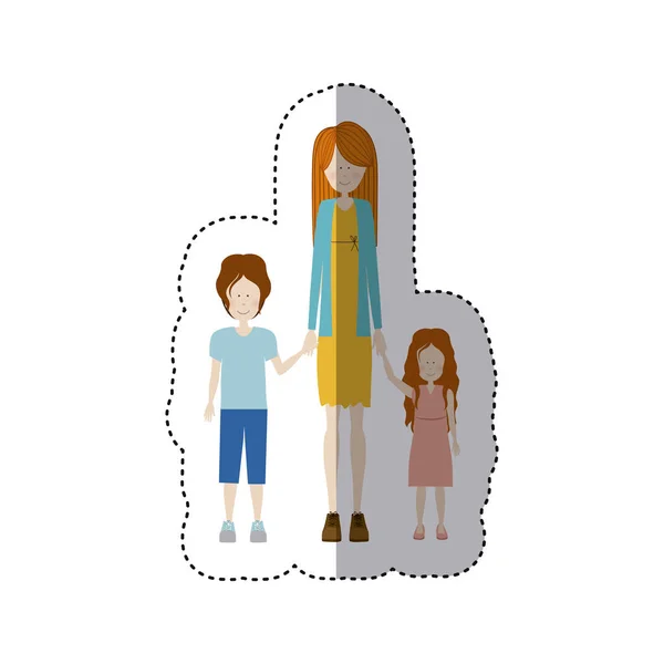 Sticker color silhouette with kids and mom with dress and jacket — Stock Vector