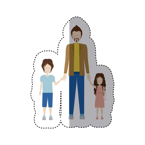 Sticker color silhouette with kids and dad with jacket and mustache — Stock Vector