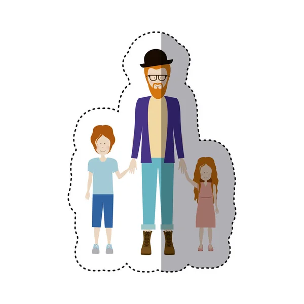 Silhueta de cor adesiva com crianças e pai com barba e óculos e chapéu e ruiva — Vetor de Stock