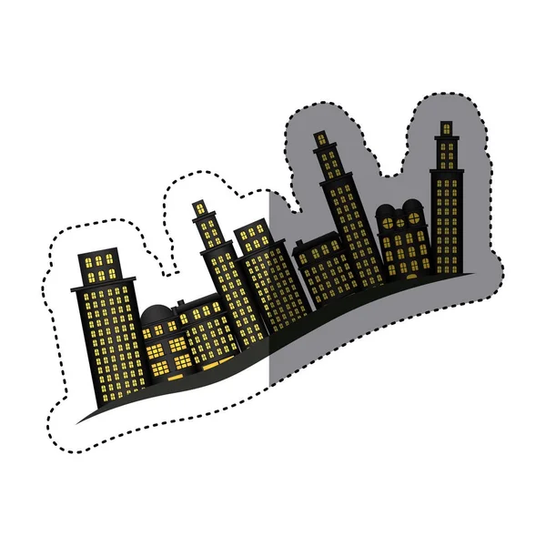 Pegatina edificios y paisaje urbano lado escena icono — Vector de stock