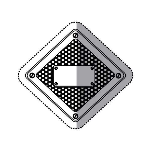 Etiqueta engomada silueta diamante marco metálico con parrilla perforada y placa con tornillos — Archivo Imágenes Vectoriales