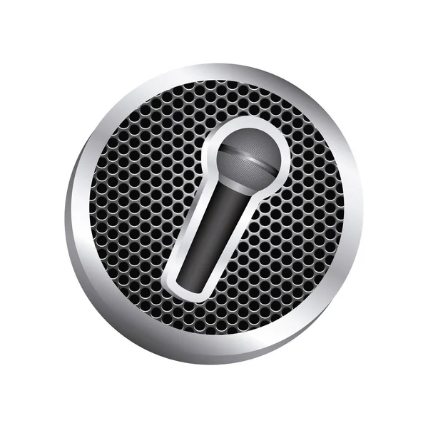 Circular metallic frame with grill perforated and wireless dynamic microphone icon relief — Stock Vector