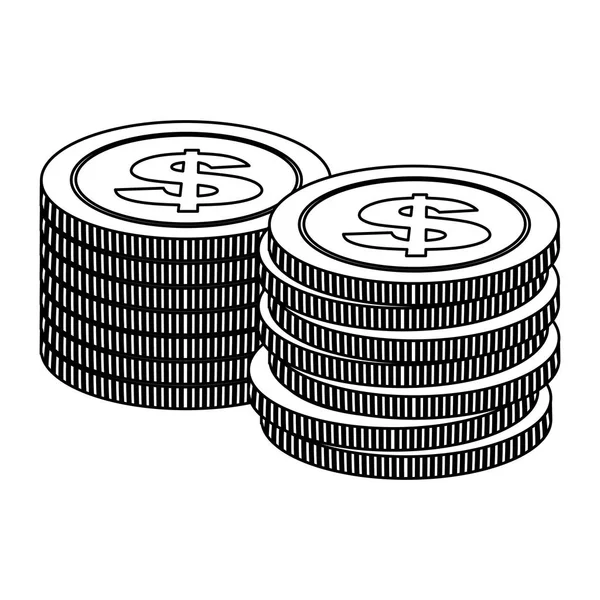 Contorno monocromo con pila de monedas en posición horizontal — Vector de stock