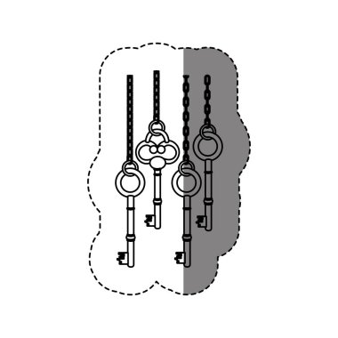tek renkli kontur etiket zincirleri üzerinde asılı vintage tuşları ile desenli