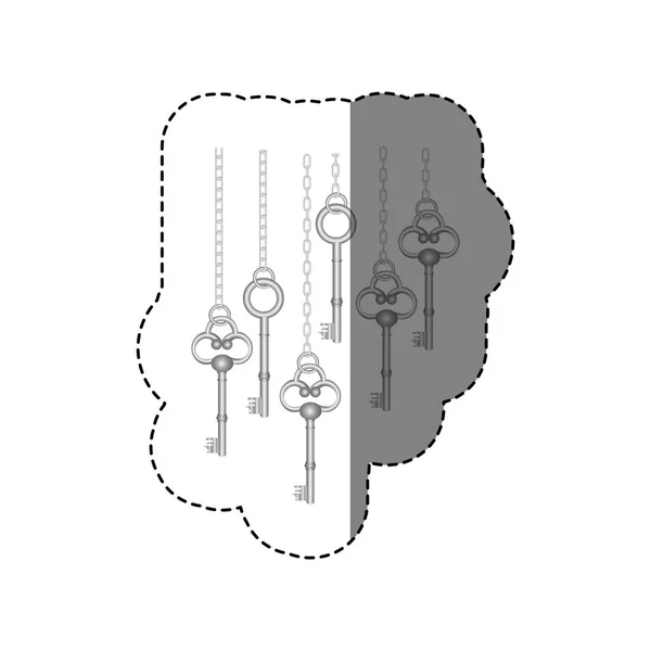 Patrón de pegatina de escala de grises con llaves vintage colgando de cadenas — Archivo Imágenes Vectoriales